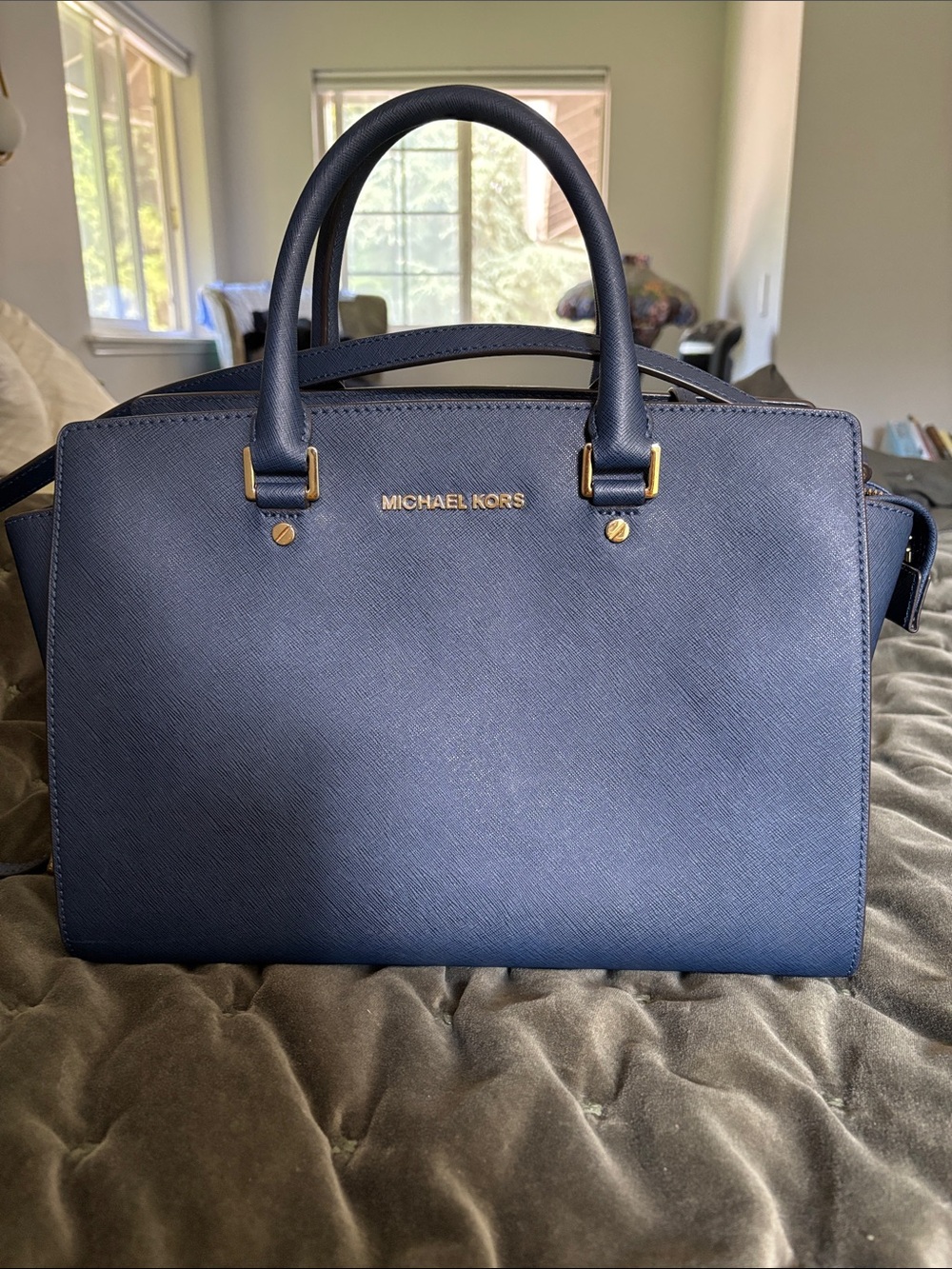 Michael Kors Navy Saffiano Satchel with Gold Hardware